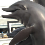 Delfin-Skulptur schmückt den Pool