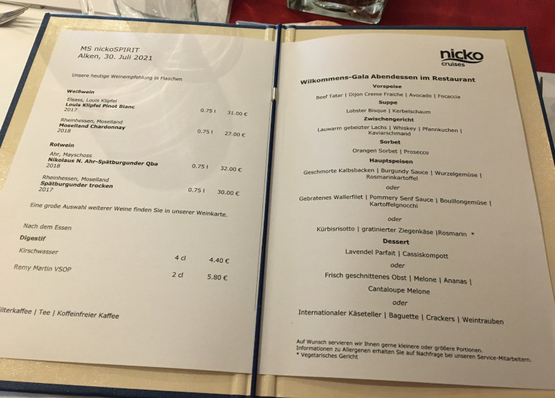 Menükarte mit sechs Gängen, Gala-Abendessen